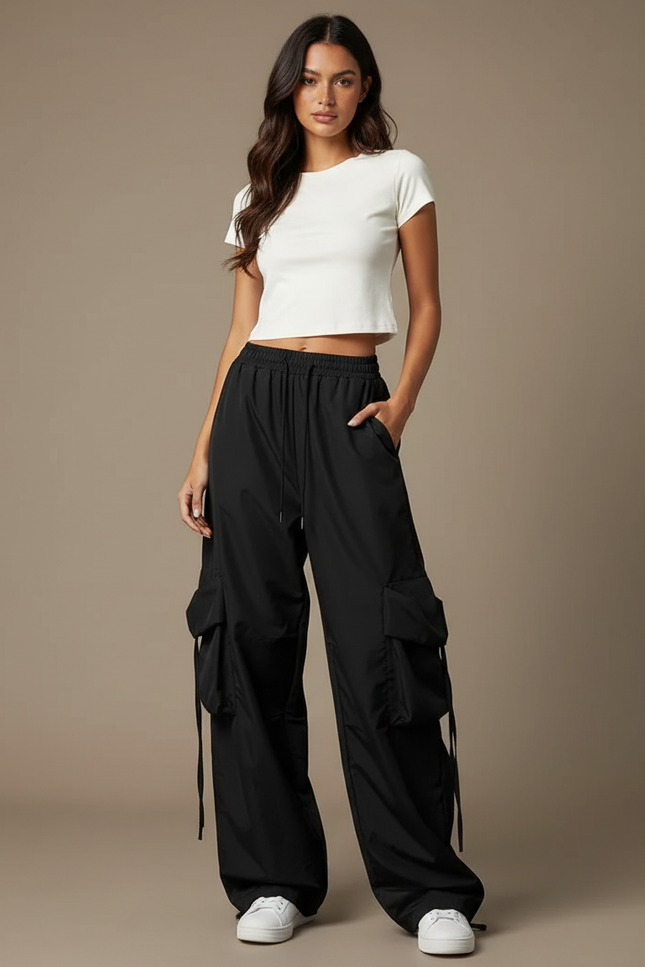 Pantalon Parachute Noir Cargo Ample Femme - Polyester