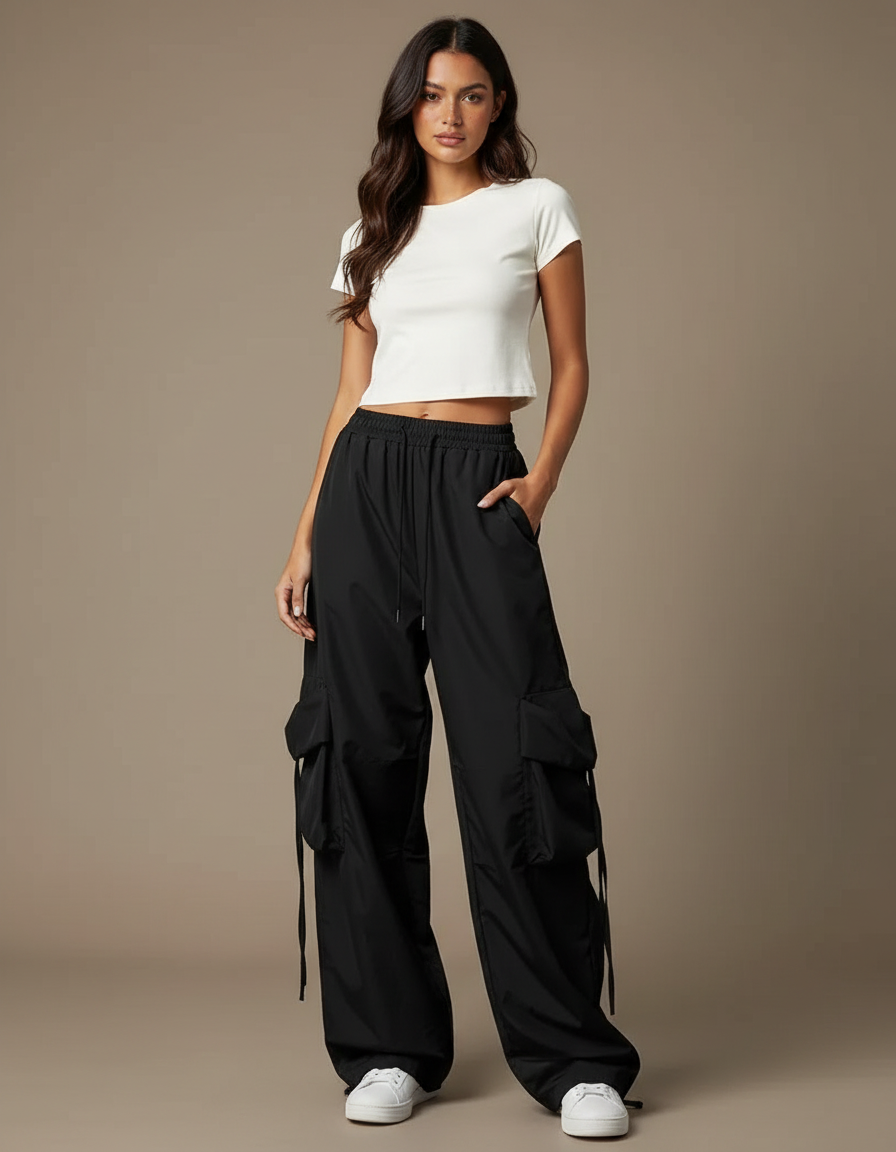 Pantalon Parachute Noir Cargo Ample Femme - Polyester