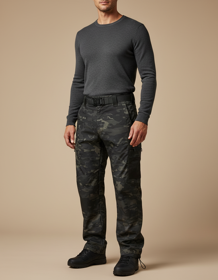 Pantalon Parachute Camouflage Militaire Multi-poches Homme - Imprimé Polyester