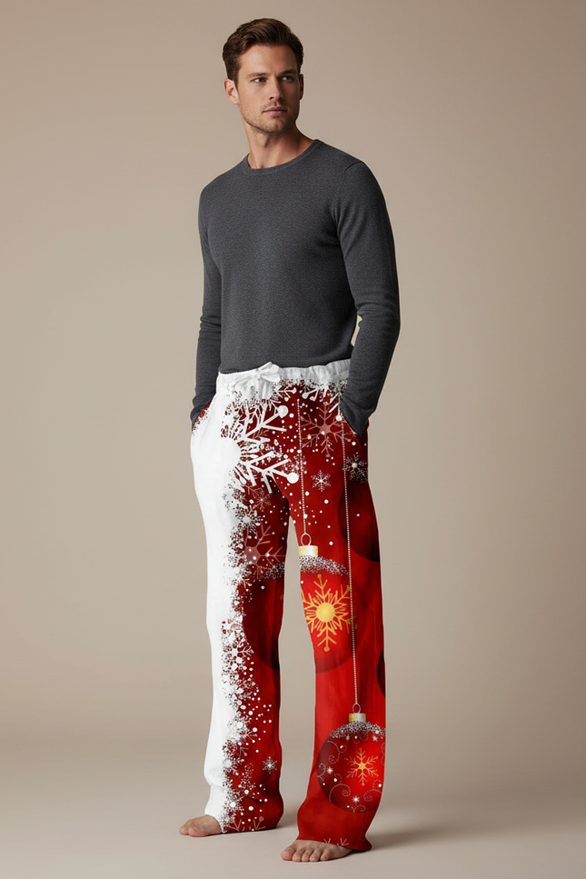 Pantalon Parachute Rouge Blanc Noël Flocons Ornements - Multicolore Polyester