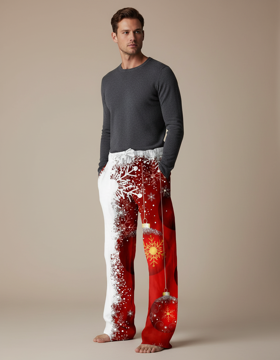 Pantalon Parachute Rouge Blanc Noël Flocons Ornements - Multicolore Polyester