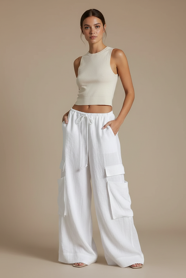 Pantalon Parachute Blanc Ample Lin Cargo Femme