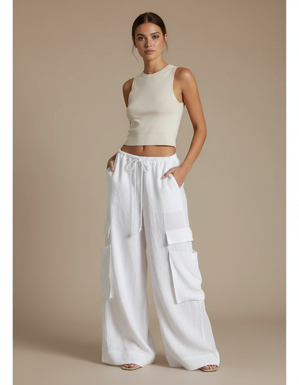 Pantalon Parachute Blanc Ample Lin Cargo Femme