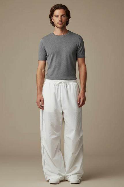 Pantalon Parachute Blanc Ample Fluide Homme Décontracté - Polyester