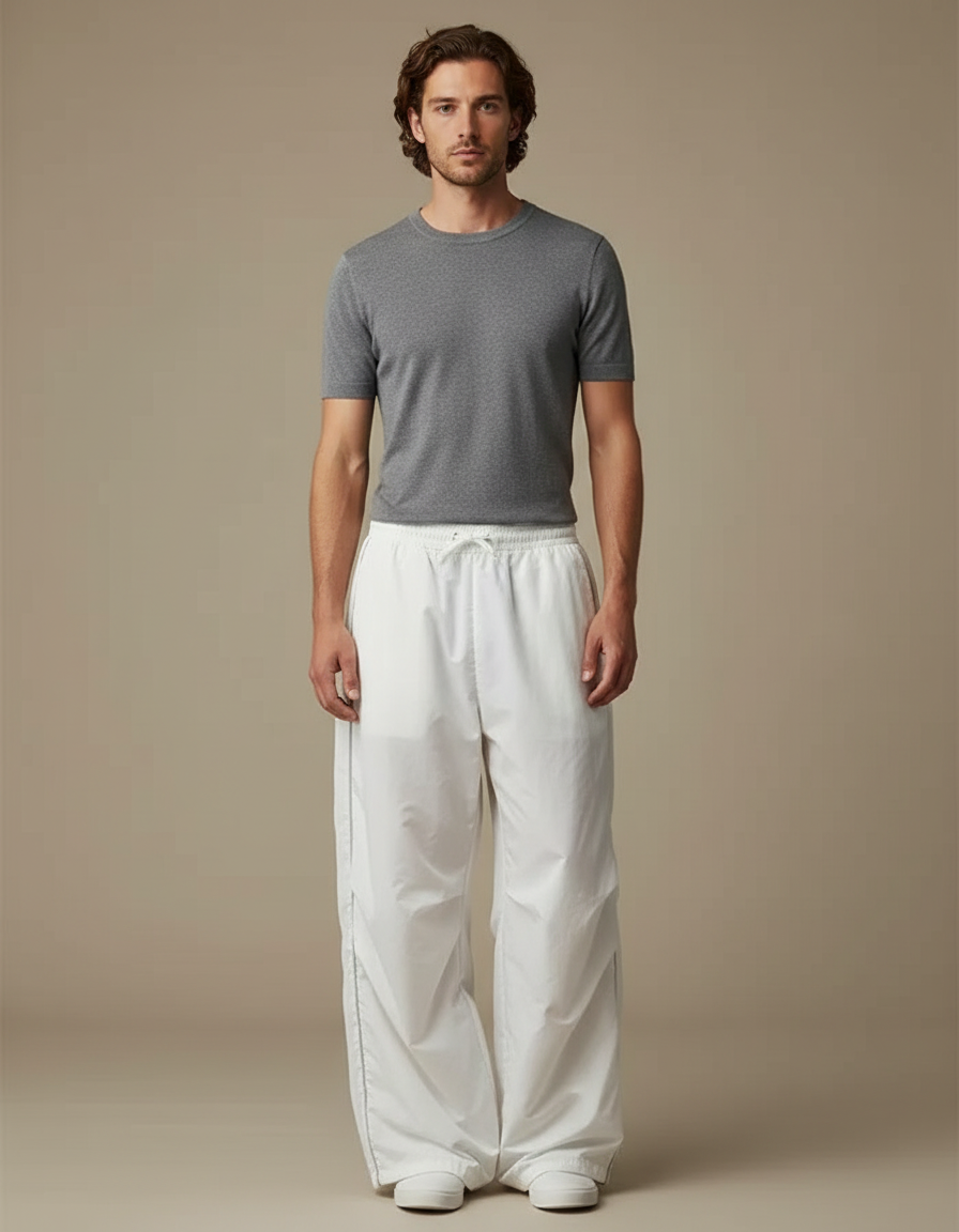Pantalon Parachute Blanc Ample Fluide Homme Décontracté - Polyester