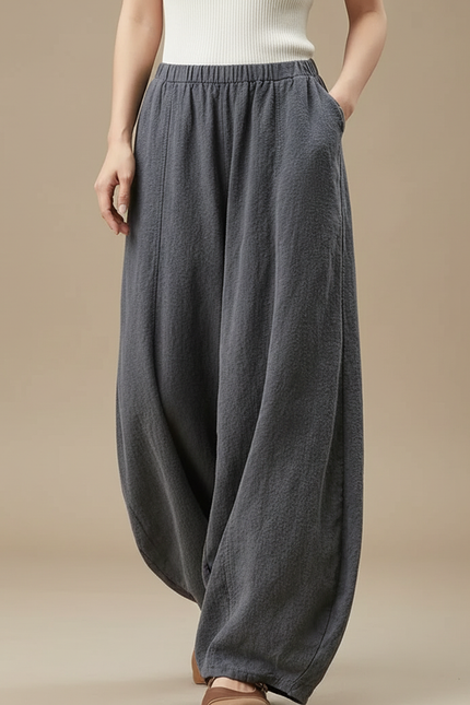 Pantalon Parachute Gris Ample Lin Coton Femme Vintage