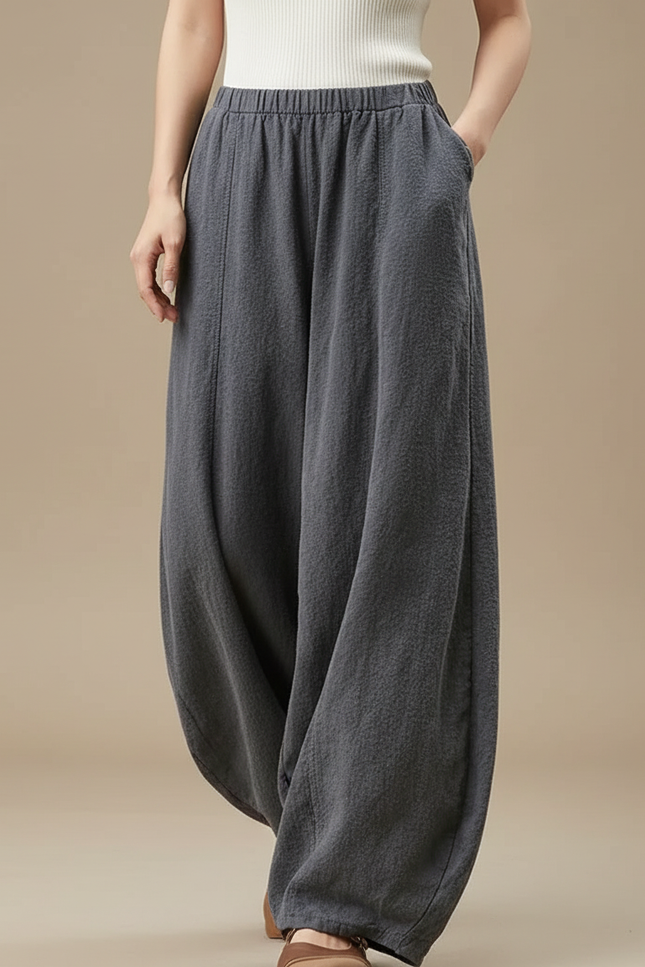 Pantalon Parachute Gris Ample Lin Coton Femme Vintage
