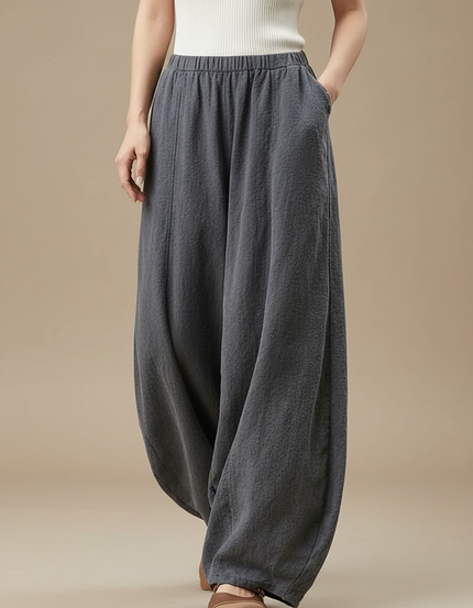 Pantalon Parachute Gris Ample Lin Coton Femme Vintage
