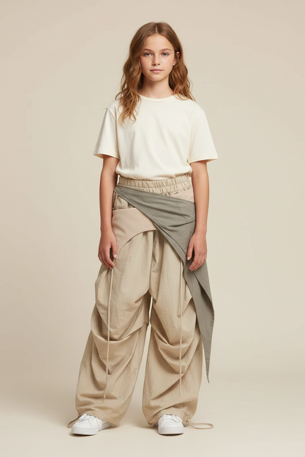Pantalon Parachute Beige Ample Fluide Cordon Fille - Polyester