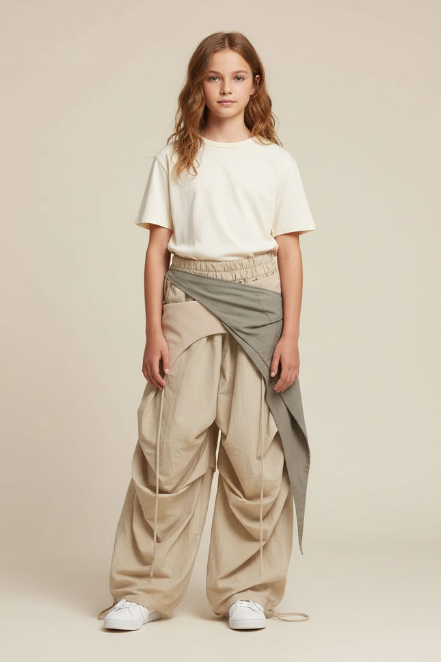 Pantalon Parachute Beige Ample Fluide Cordon Fille - Polyester