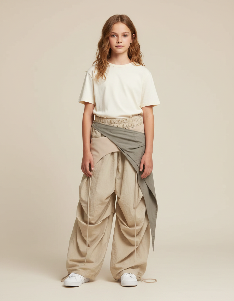 Pantalon Parachute Beige Ample Fluide Cordon Fille - Polyester
