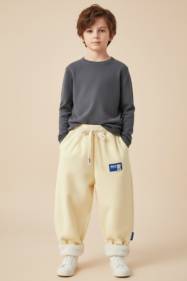 Pantalon Parachute Crème Côtelé Doublé Chaud Enfant - Beige Cordé