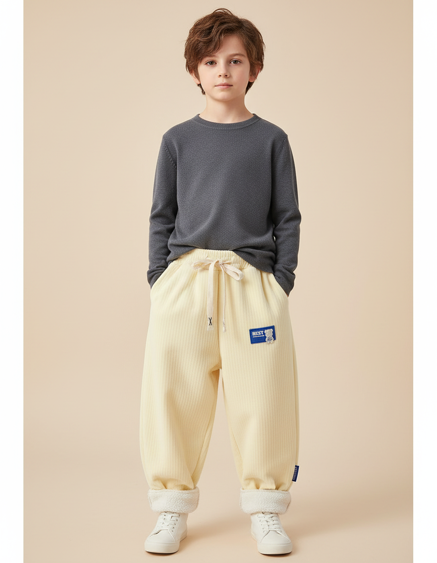 Pantalon Parachute Crème Côtelé Doublé Chaud Enfant - Beige Cordé