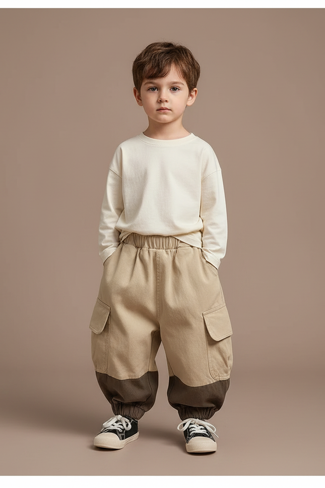 Pantalon Parachute Cargo Bicolore Ample Coton Enfant - Beige Toile
