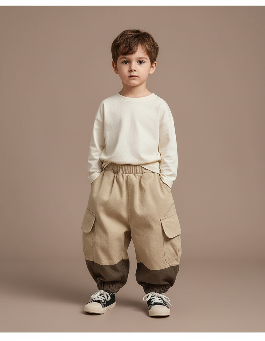 Pantalon Parachute Cargo Bicolore Ample Coton Enfant - Beige Toile
