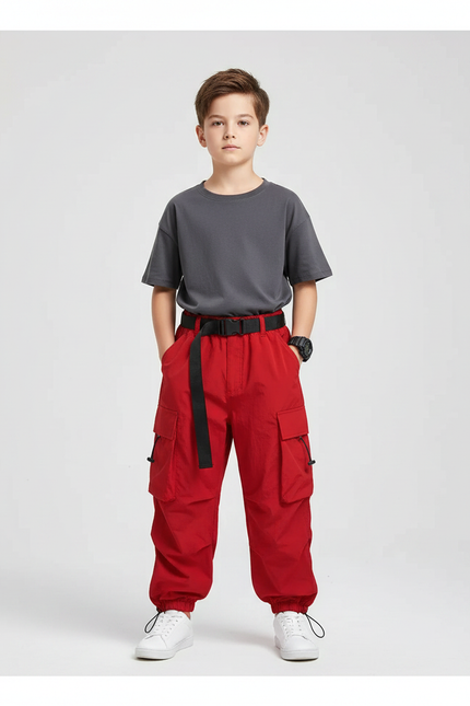 Pantalon Parachute Rouge Cargo Ample Enfant Hip Hop - Polyester