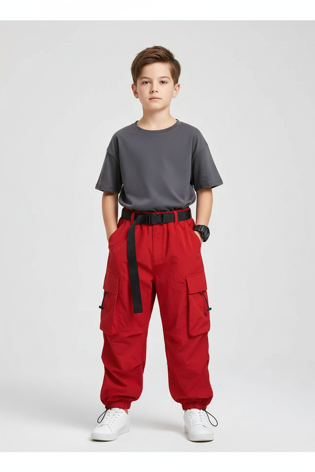 Pantalon Parachute Rouge Cargo Ample Enfant Hip Hop - Polyester