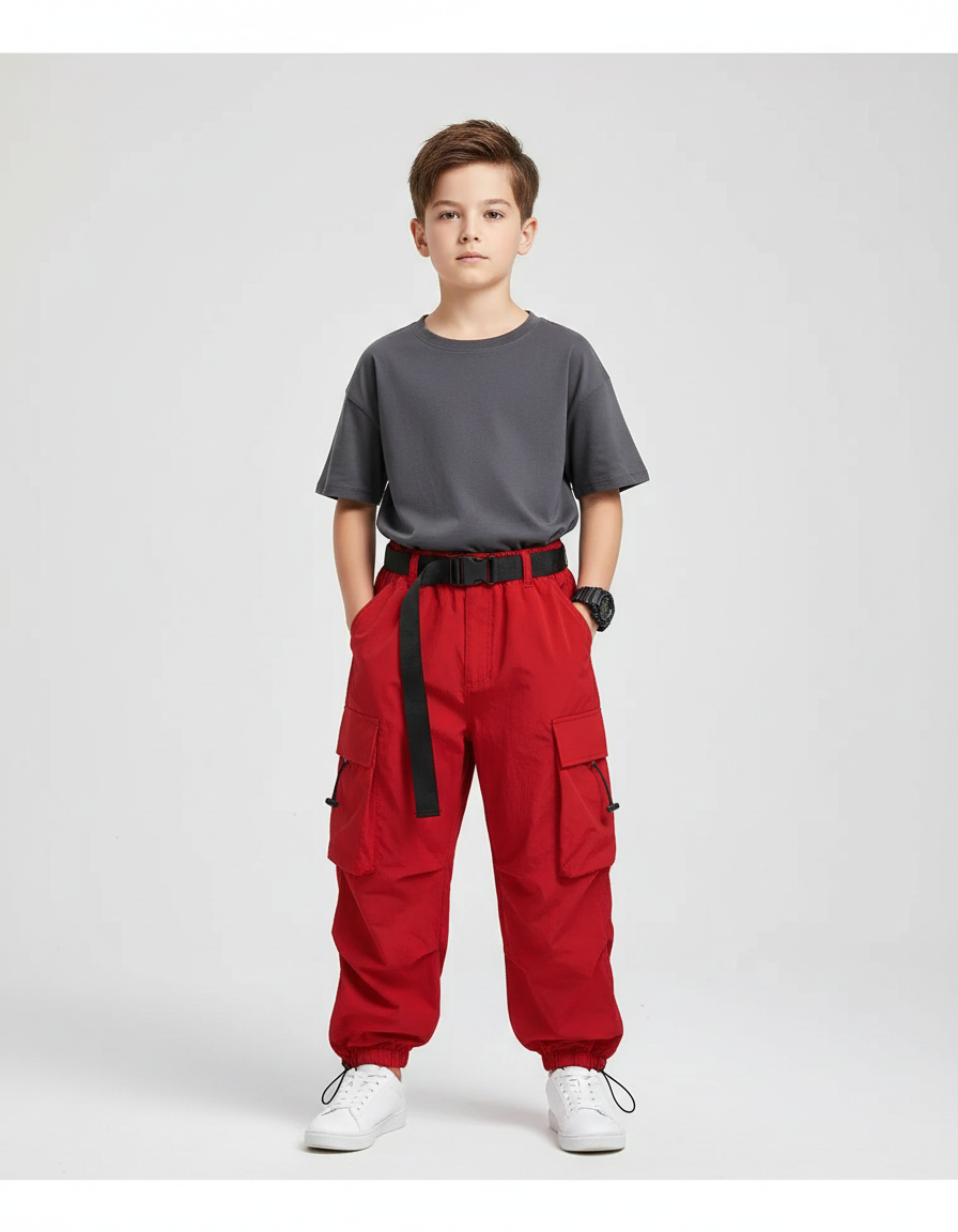 Pantalon Parachute Rouge Cargo Ample Enfant Hip Hop - Polyester