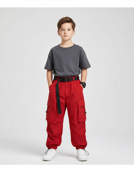 Pantalon Parachute Rouge Cargo Ample Enfant Hip Hop - Polyester