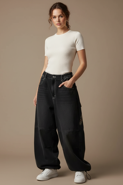 Pantalon Parachute Noir Ample Denim Imprimé Femme - Jean