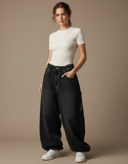 Pantalon Parachute Noir Ample Denim Imprimé Femme - Jean