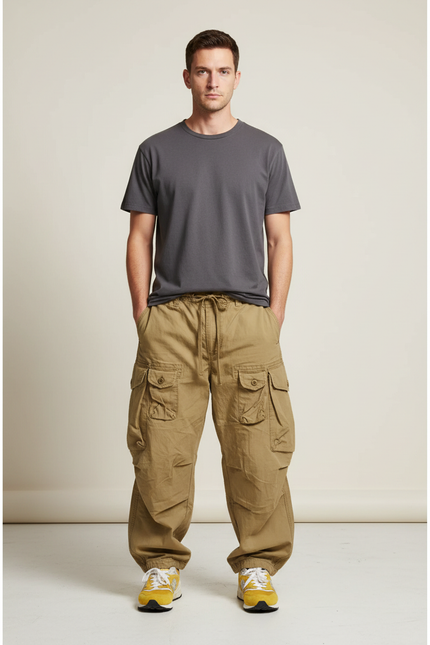 Pantalon Parachute Kaki Ample Multi-Poches Décontracté Homme - Toile