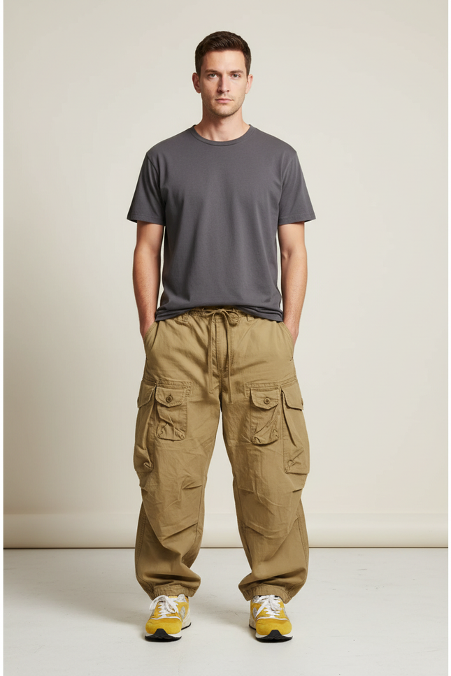 Pantalon Parachute Kaki Ample Multi-Poches Décontracté Homme - Toile