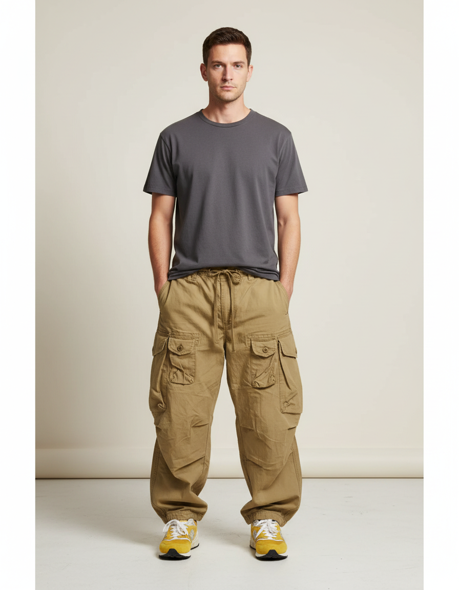 Pantalon Parachute Kaki Ample Multi-Poches Décontracté Homme - Toile