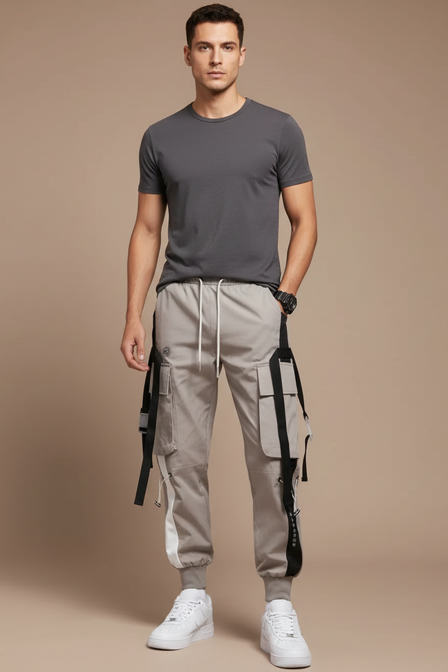 Pantalon Parachute Gris Cargo Techwear Jogger Homme - Polyester