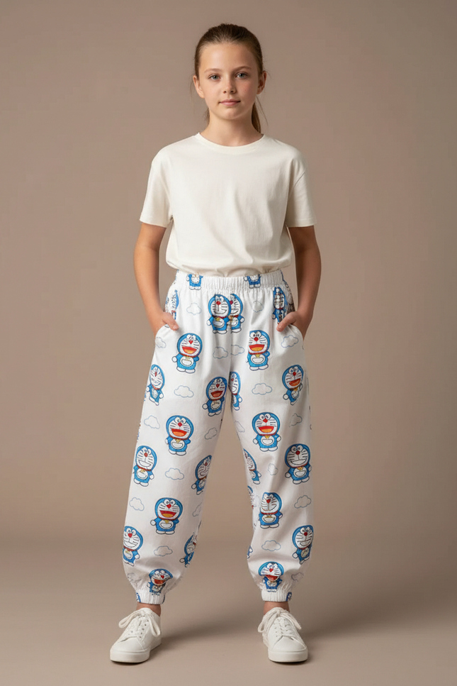 Pantalon Parachute Blanc Ample Doraemon Enfant Mignon - Coton