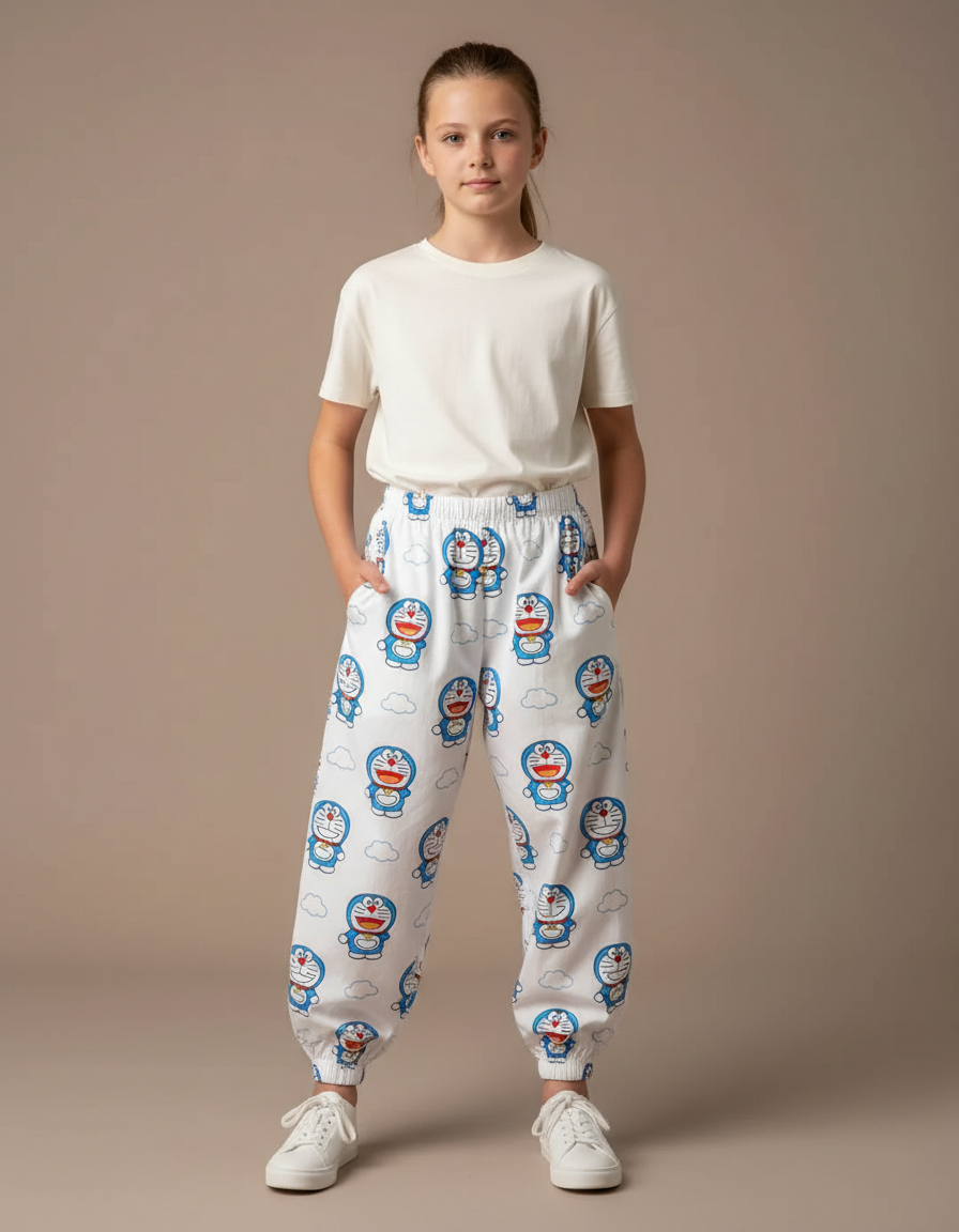 Pantalon Parachute Blanc Ample Doraemon Enfant Mignon - Coton
