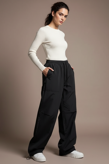 Pantalon Parachute Noir Ample Fluide Décontracté Femme Cordon - Polyester