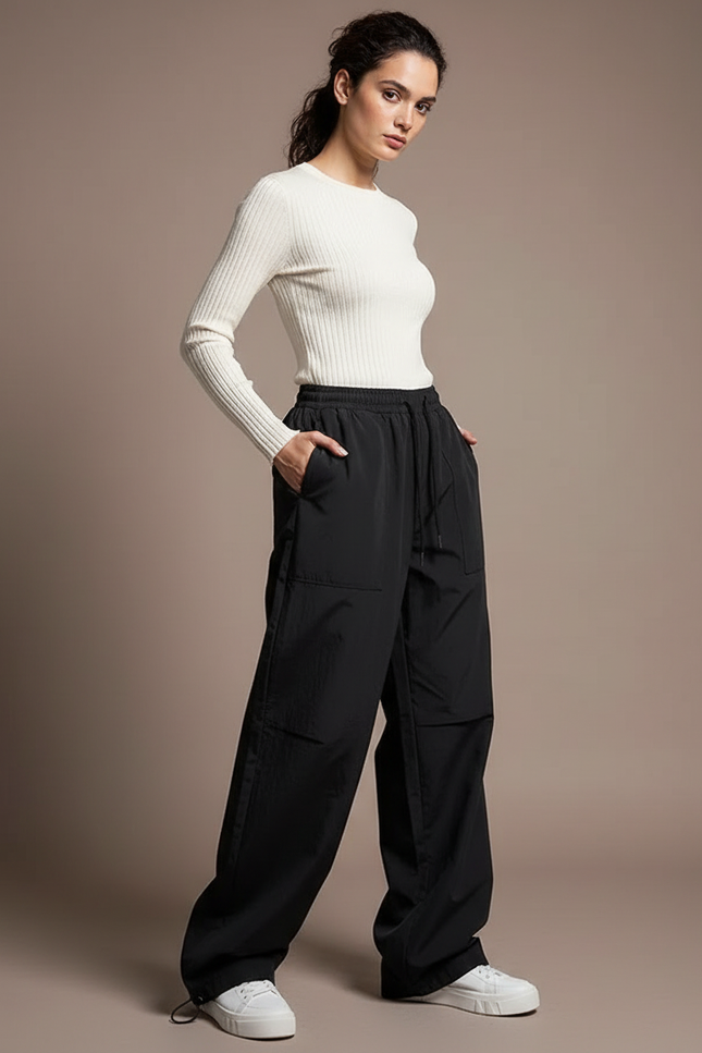Pantalon Parachute Noir Ample Fluide Décontracté Femme Cordon - Polyester