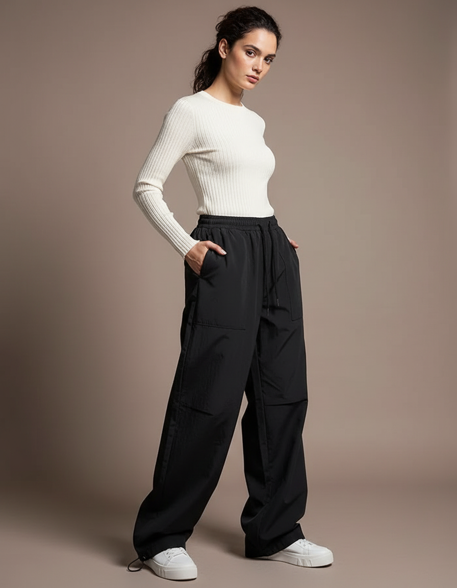 Pantalon Parachute Noir Ample Fluide Décontracté Femme Cordon - Polyester