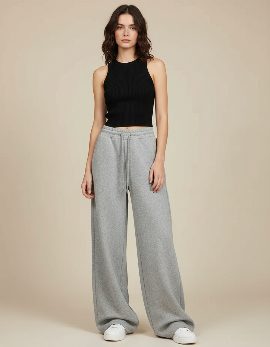 Pantalon Parachute Gris Ample Molletonné Décontracté Confortable