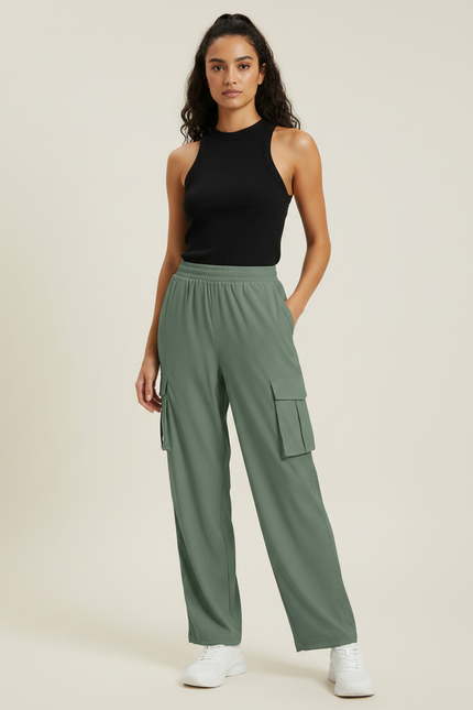 Pantalon Parachute Vert Cargo Fluide Femme Décontracté - Maille