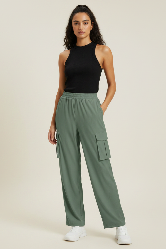 Pantalon Parachute Vert Cargo Fluide Femme Décontracté - Maille
