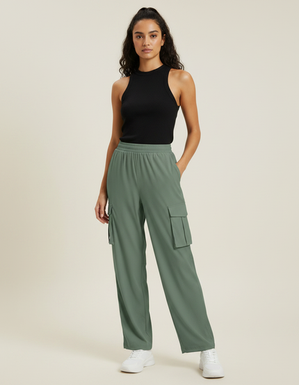 Pantalon Parachute Vert Cargo Fluide Femme Décontracté - Maille