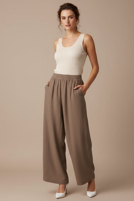Pantalon Parachute Marron Lin Fluide Femme Décontracté