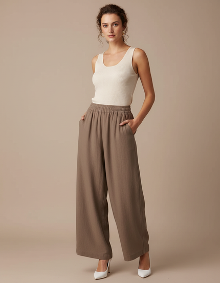 Pantalon Parachute Marron Lin Fluide Femme Décontracté
