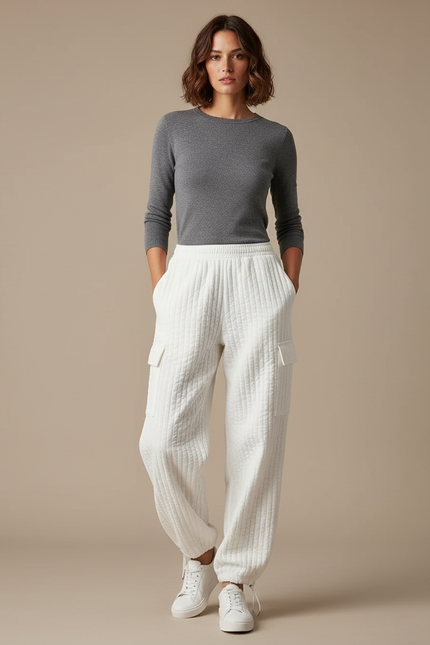 Pantalon Parachute Blanc Matelassé Ample Cargo Femme - Molleton
