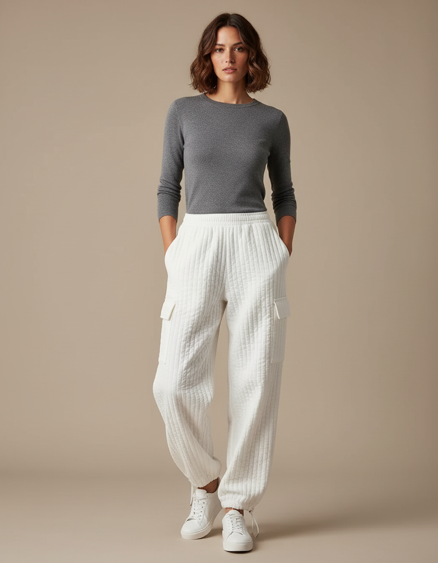 Pantalon Parachute Blanc Matelassé Ample Cargo Femme - Molleton