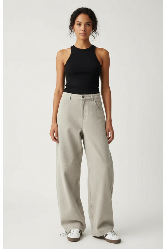 Pantalon Parachute Gris Ample Coton Décontracté Femme - Toile