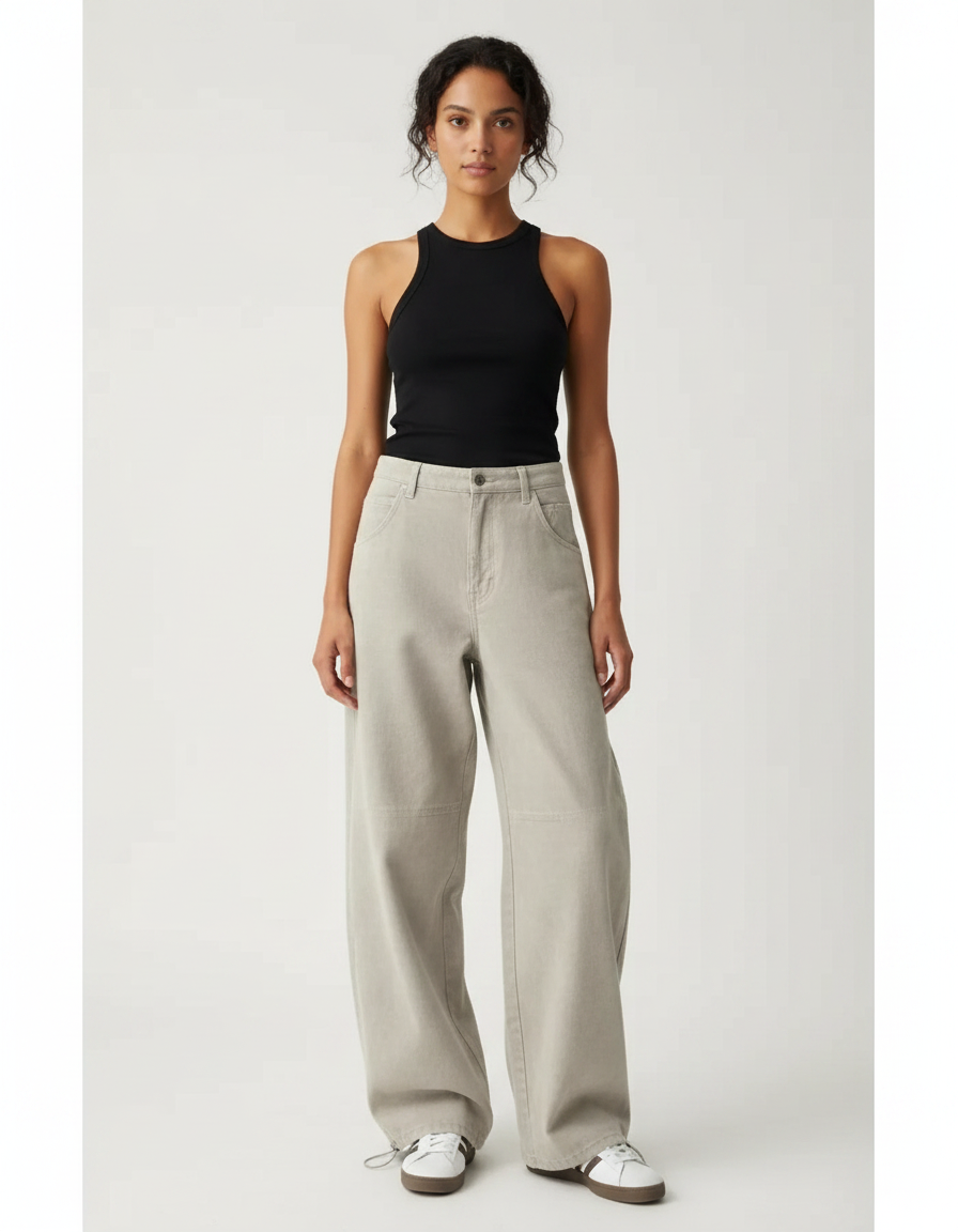 Pantalon Parachute Gris Ample Coton Décontracté Femme - Toile