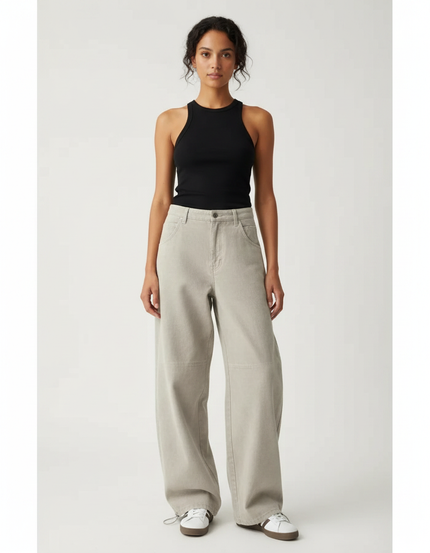 Pantalon Parachute Gris Ample Coton Décontracté Femme - Toile