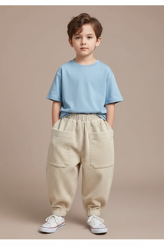 Pantalon Parachute Beige Côtelé Ample Décontracté Enfant - Cordé