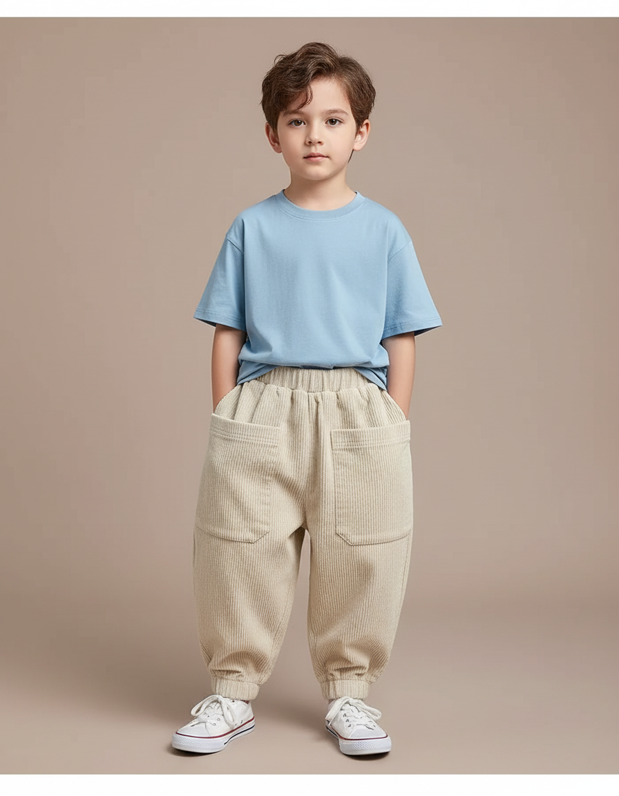 Pantalon Parachute Beige Côtelé Ample Décontracté Enfant - Cordé