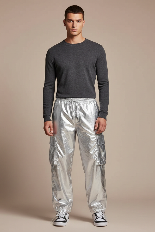 Pantalon Parachute Argenté Métallisé Ample Cargo Homme - Polyester