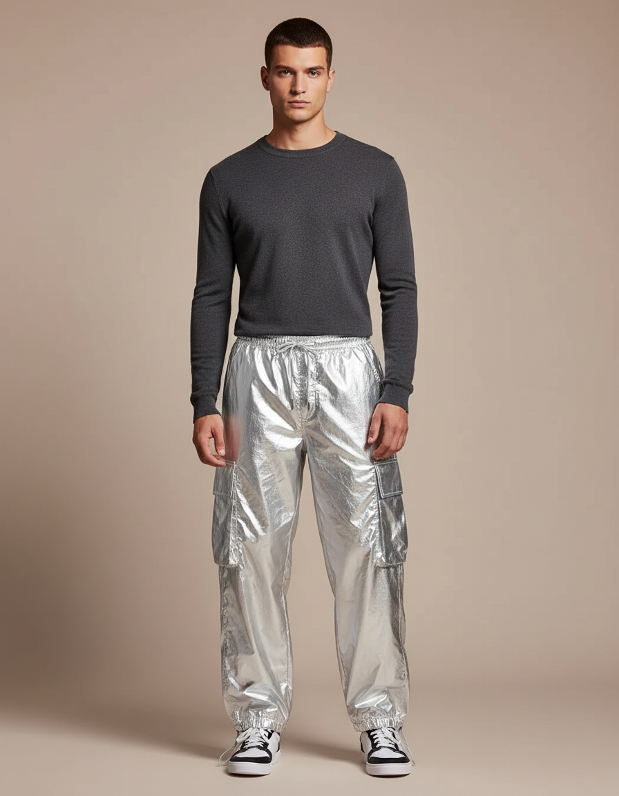 Pantalon Parachute Argenté Métallisé Ample Cargo Homme - Polyester