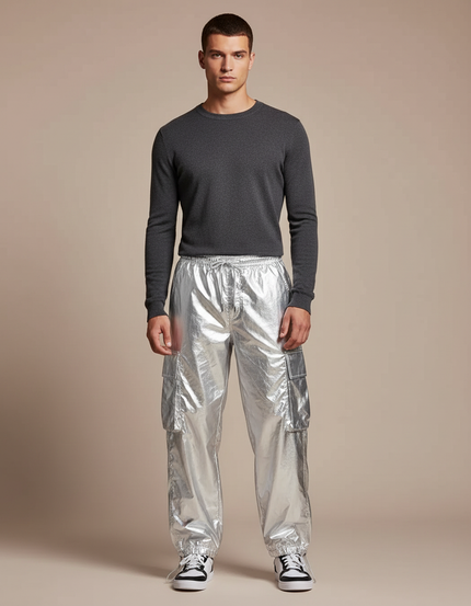Pantalon Parachute Argenté Métallisé Ample Cargo Homme - Polyester